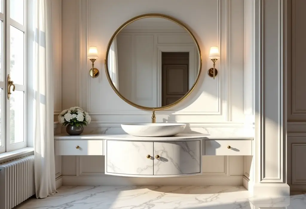 Espelho Veneziano: O toque de luxo que sua casa merece (e como usar) Lavabo luxuoso com espelho veneziano e iluminação suave