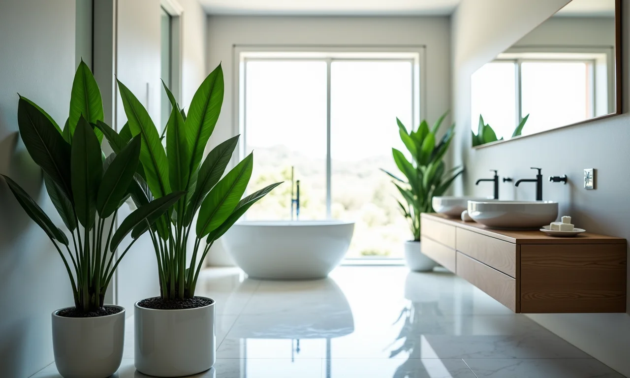 Lavabo moderno com plantas artificiais de alta qualidade.