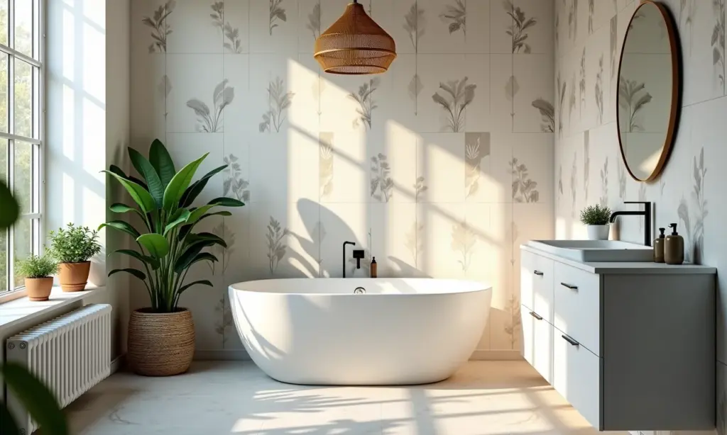 Lavabo moderno e bem iluminado com papel de parede estiloso, plantas e objetos decorativos.