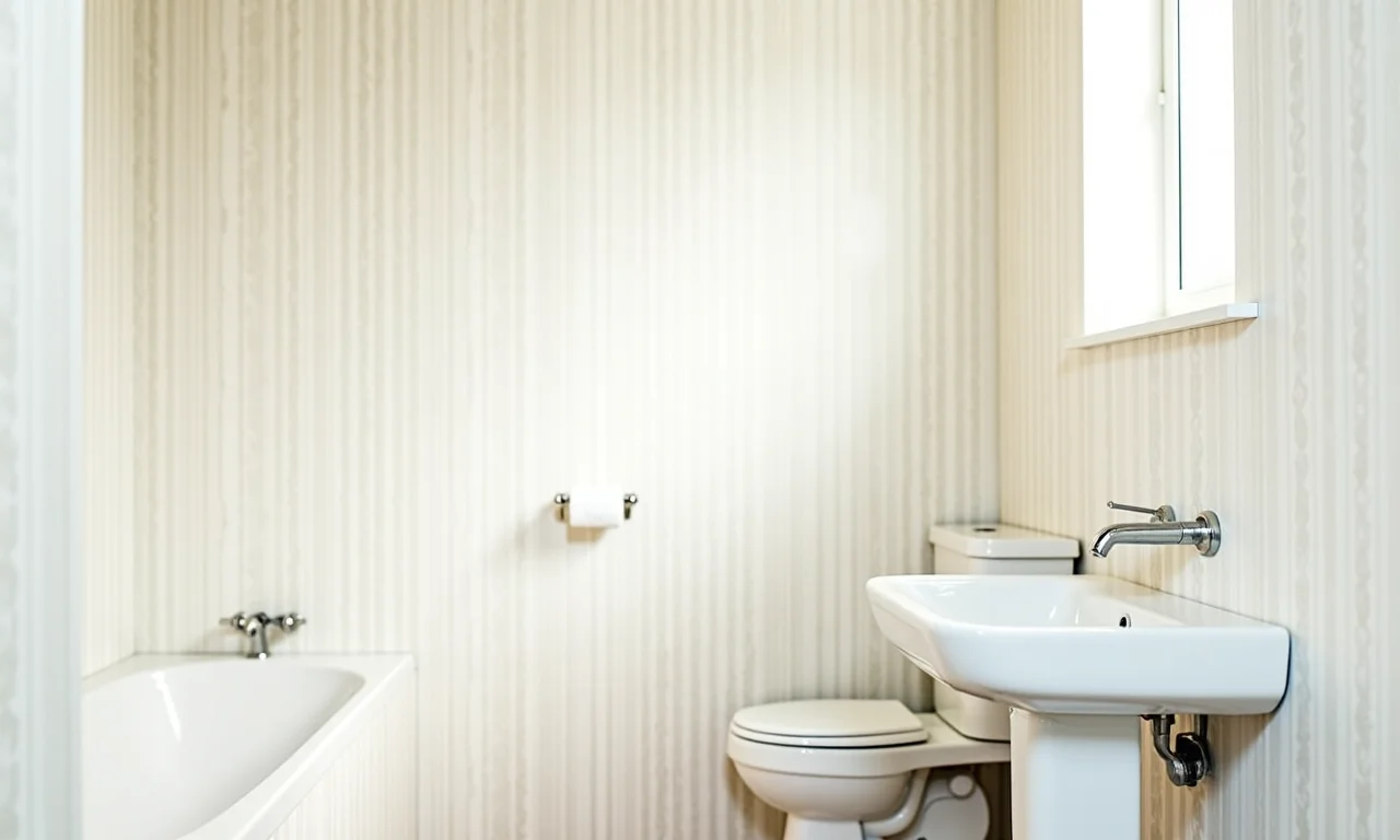 Lavabo pequeno com papel de parede claro e estampado, criando sensação de amplitude.