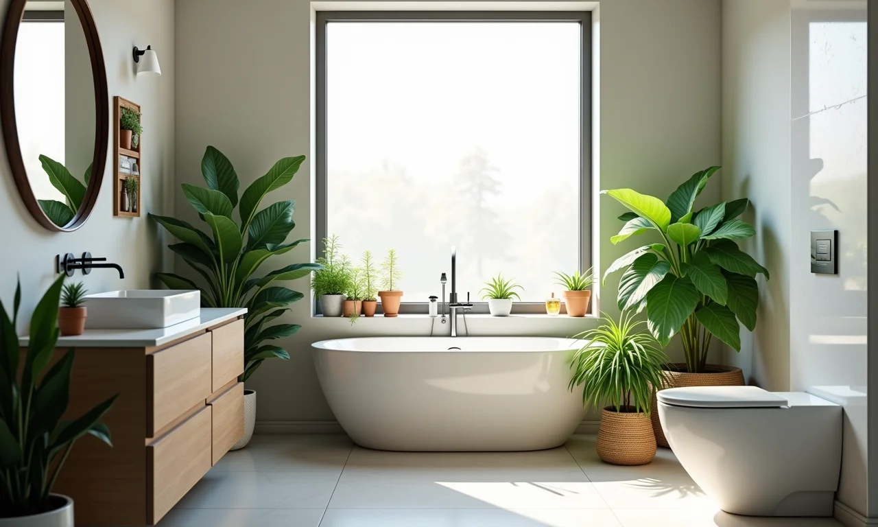 Lavabo pequeno e bem iluminado com plantas de baixa manutenção.