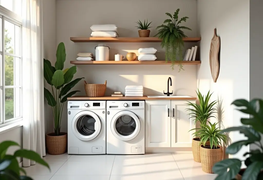Lavanderia pequena e organizada com nichos de madeira, cestos e iluminação natural.