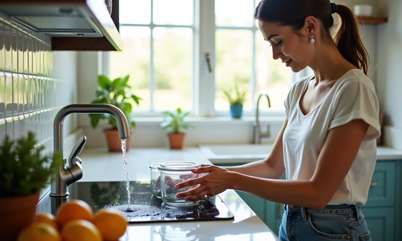 Lavando potes de vidro na cozinha.