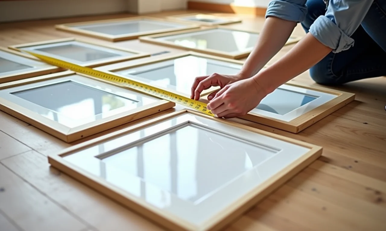 Layout de parede de quadros sendo planejado no chão.