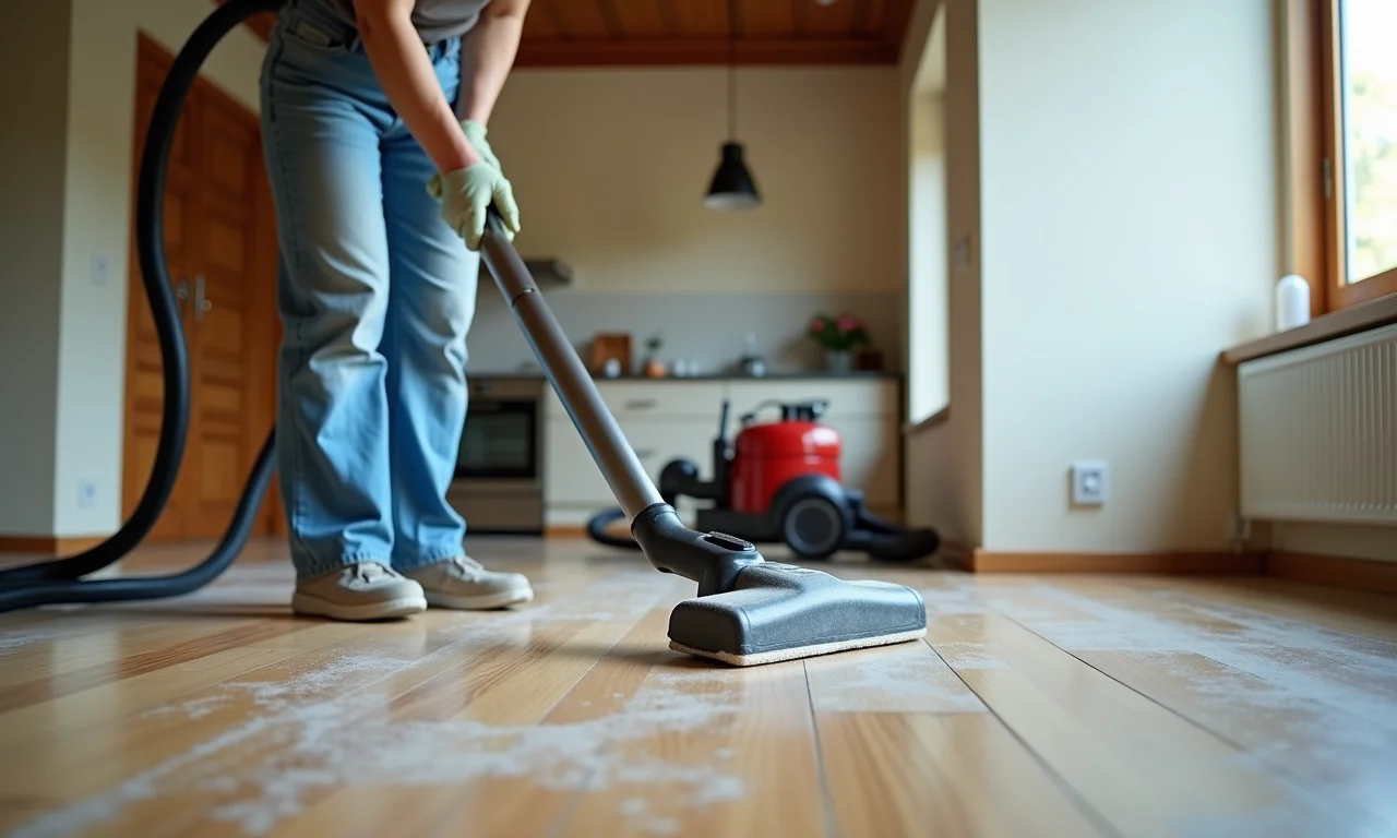 Limpando a poeira após lixar a parede.