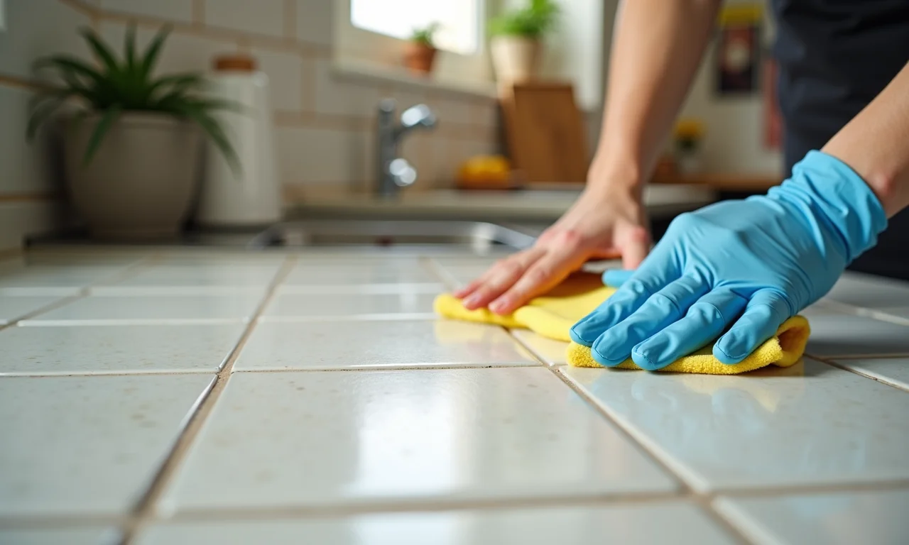 Limpando pastilhas adesivas engorduradas na cozinha.