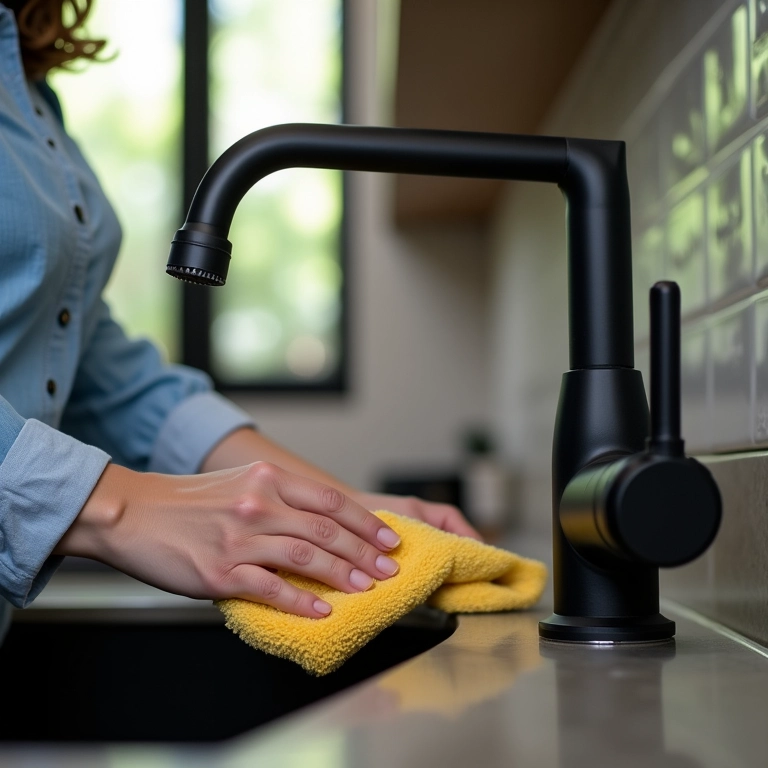 Limpando torneira preta matte para evitar manchas.