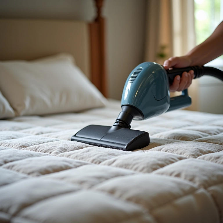 Limpeza de uma cama box com aspirador de pó.