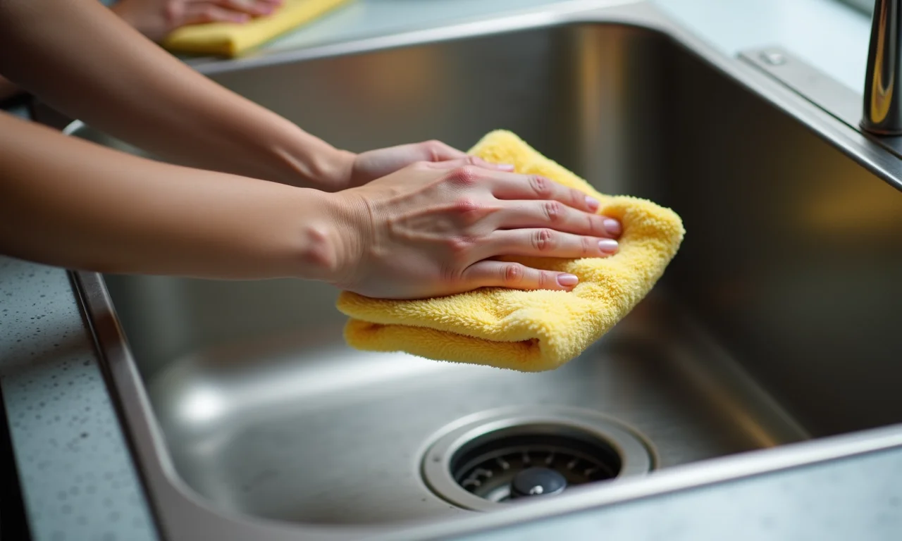 Limpeza diária de uma cuba de inox acetinada com produtos suaves.