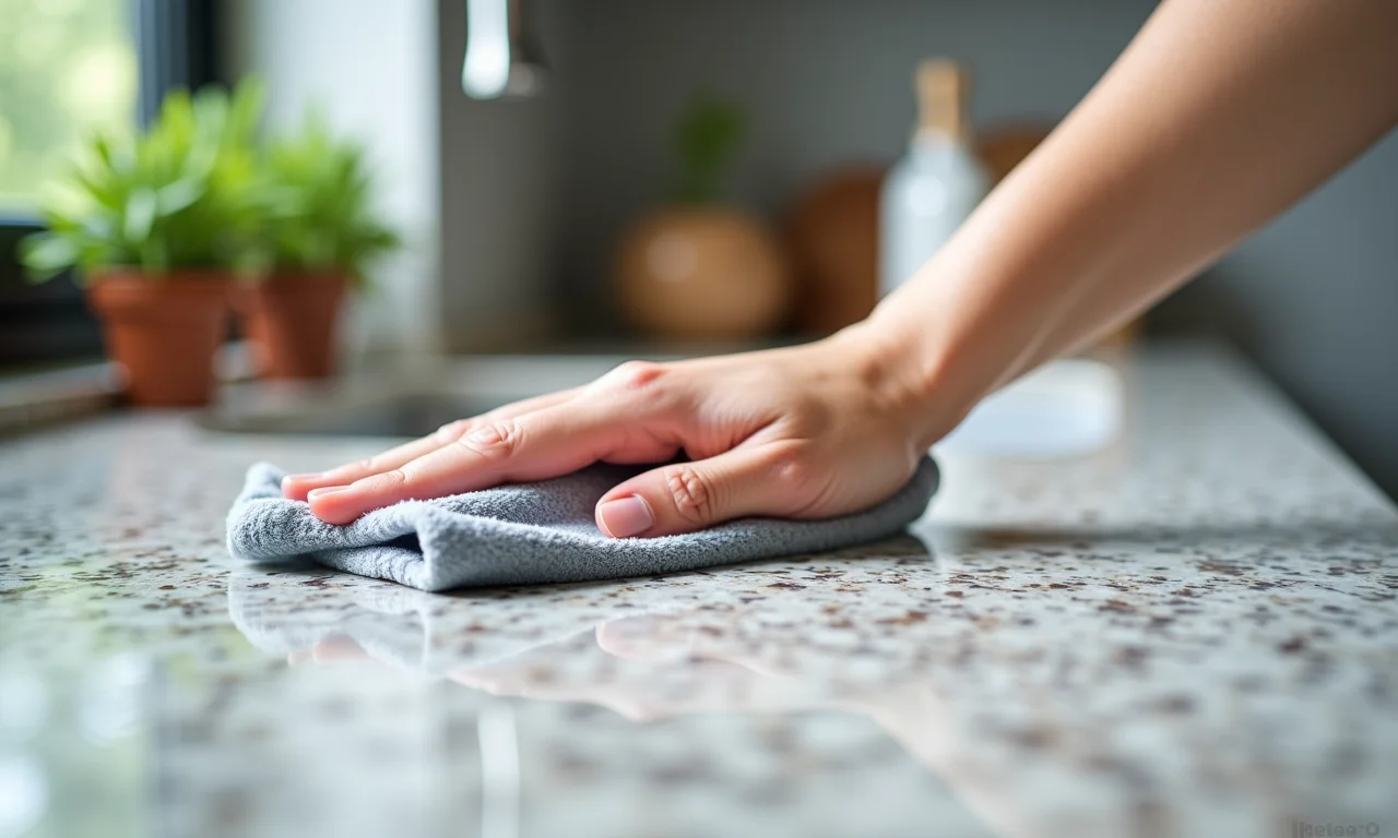Limpeza fácil de bancada de granito com pano úmido.