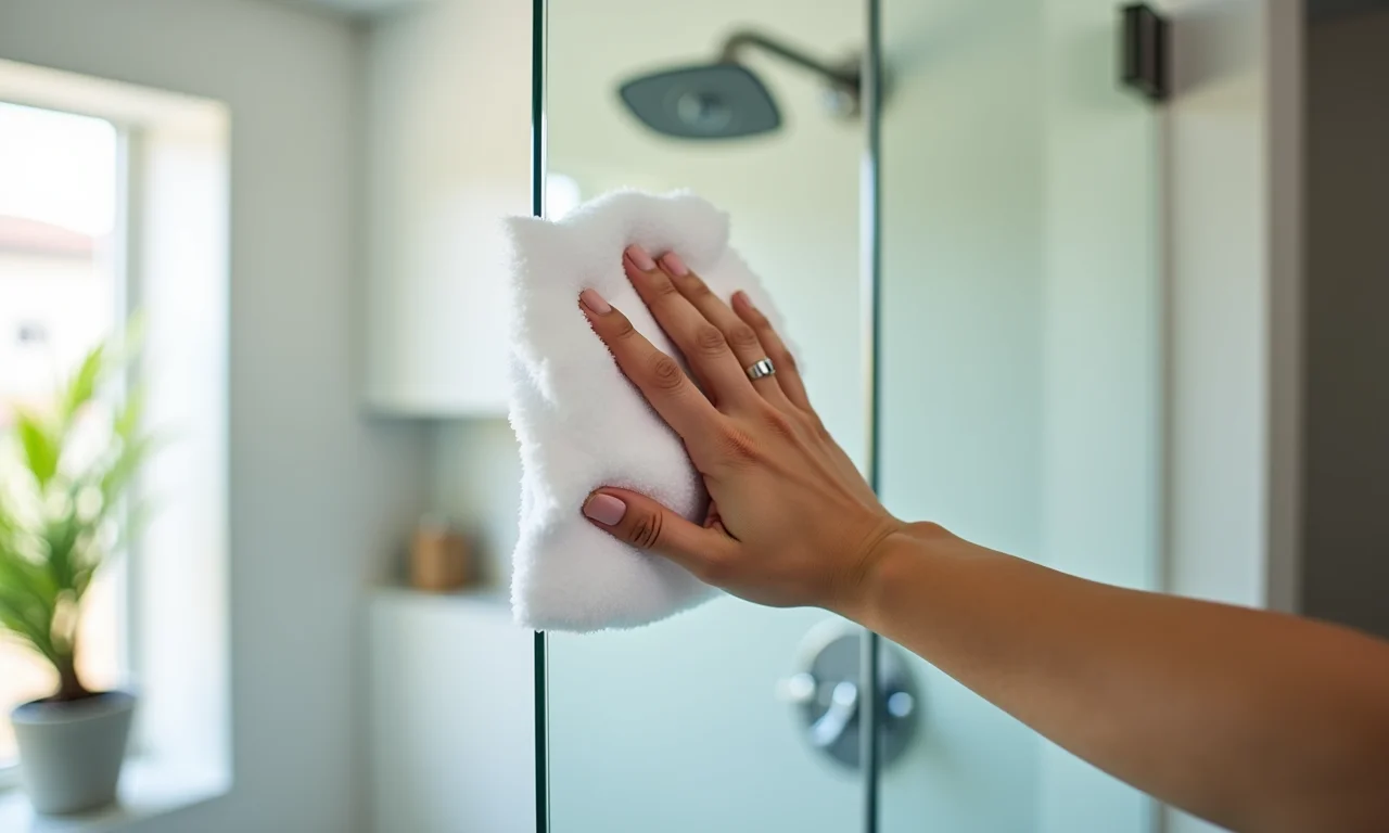 Limpeza fácil de um box de vidro transparente em banheiro com luz natural.