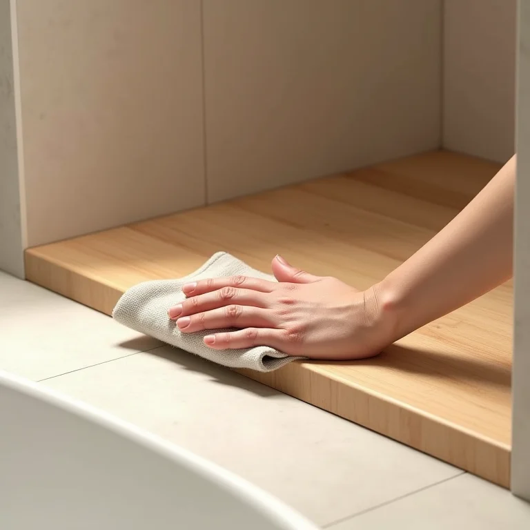 Limpeza fácil de um tapete de madeira para box em um banheiro minimalista.