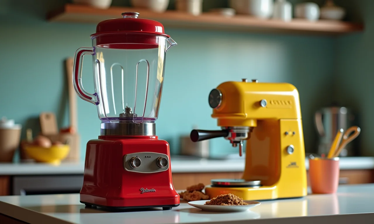 Liquidificador e cafeteira retrô em cozinha vintage.