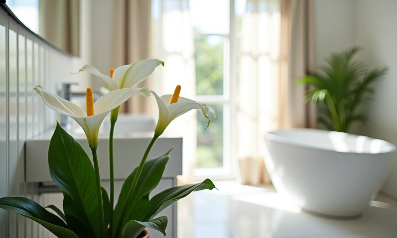 Lírio da Paz com flores brancas em um banheiro elegante.