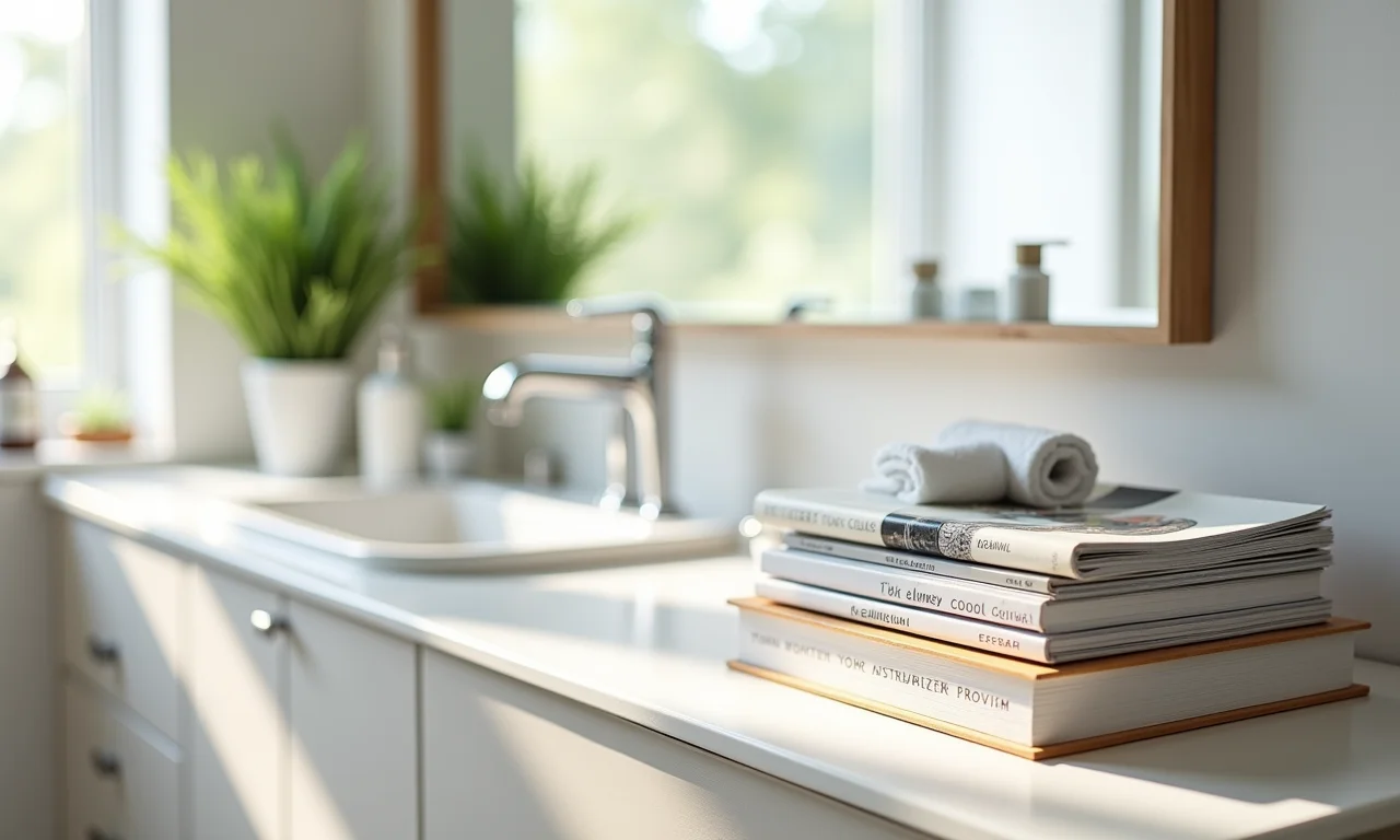 Livros e revistas para relaxar durante o banho em prateleira.