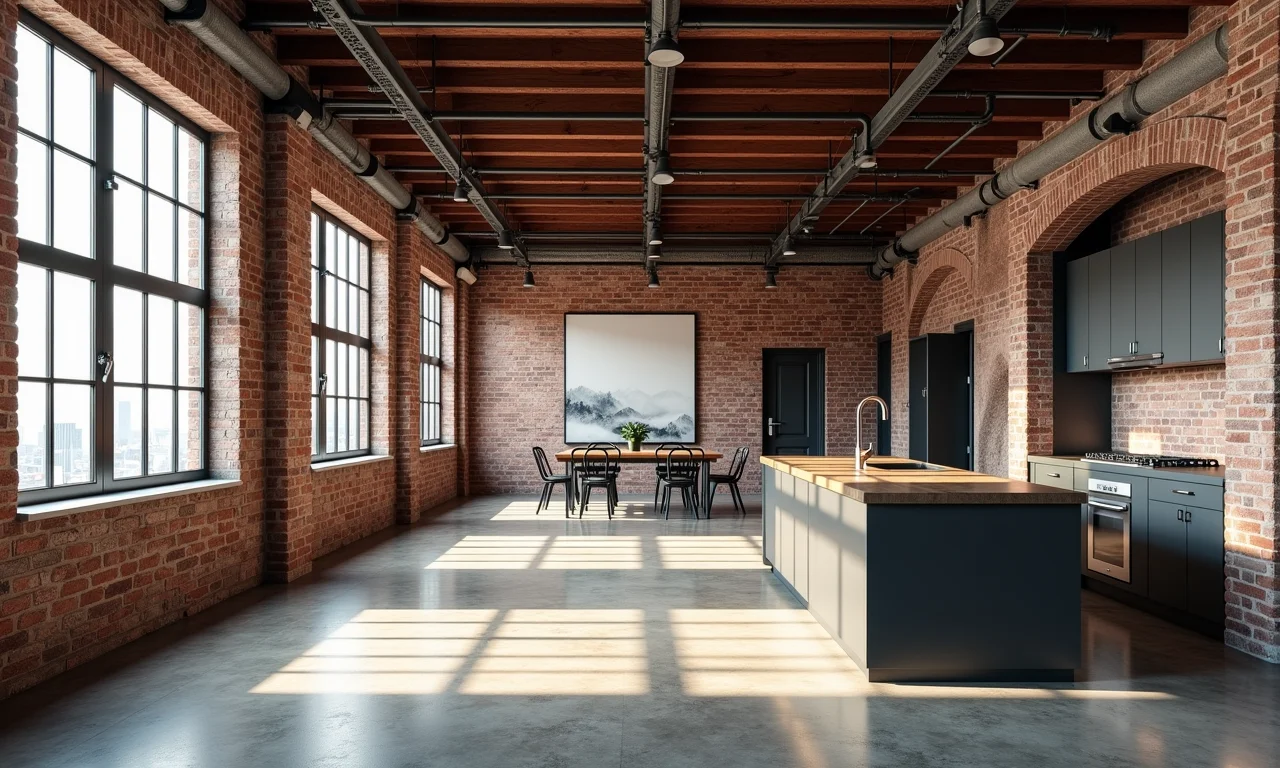 Loft em arquitetura industrial com tijolos aparentes e vigas de metal.