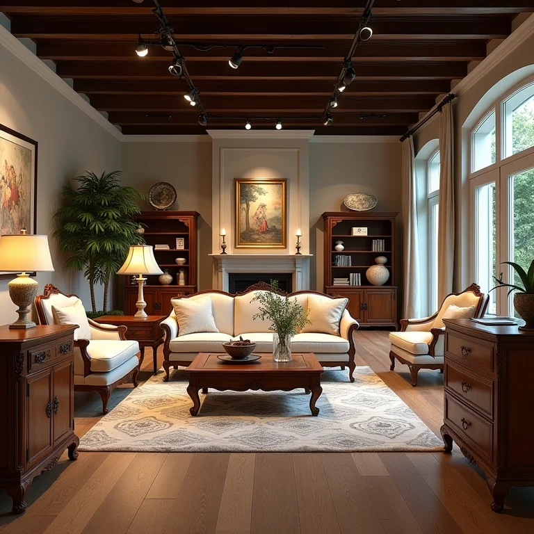 Loja de móveis clássicos com variedade de peças.