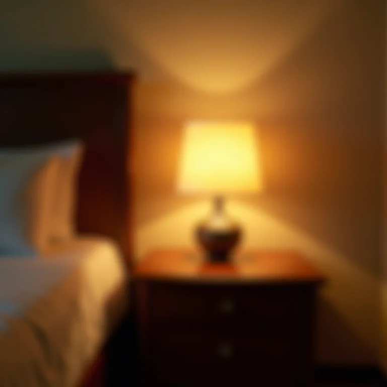 Luminária de cabeceira com luz suave em quarto rústico