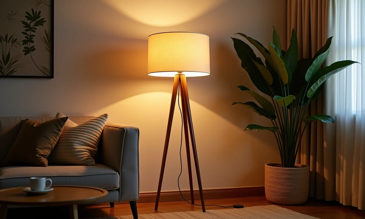 Luminária de chão mid-century com luz quente em sala de estar.