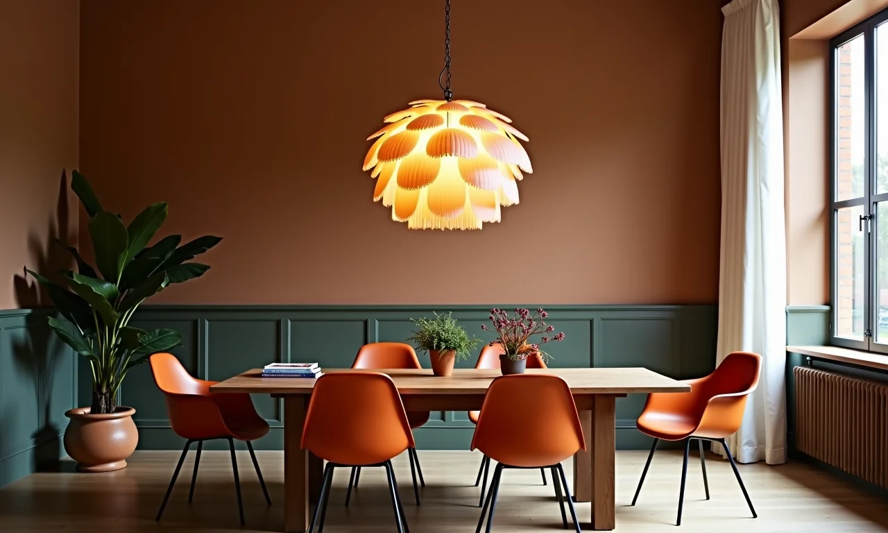 Luminária de Teto PH Artichoke e cadeiras Eames.