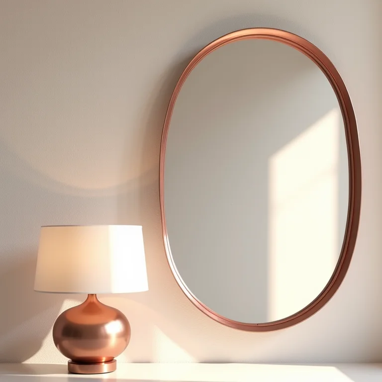 Luminária e espelho com detalhes em rose gold.