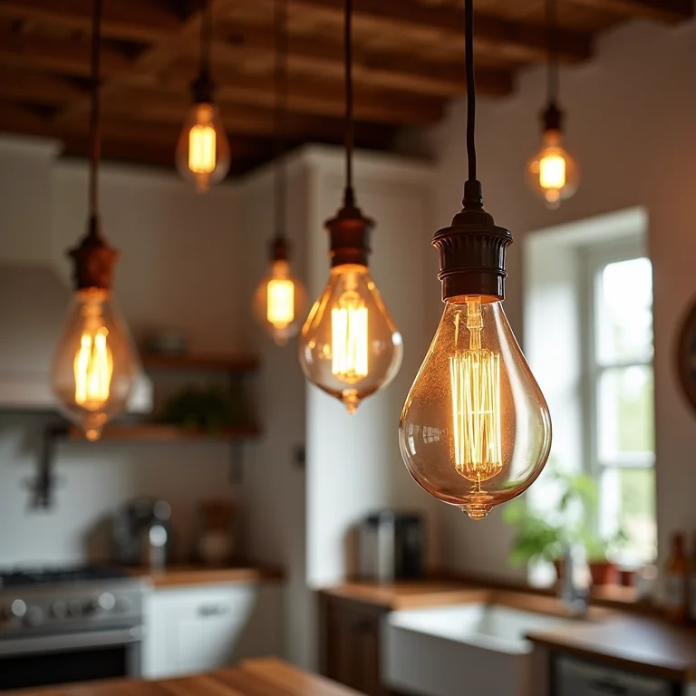 Luminárias vintage em cozinha provençal