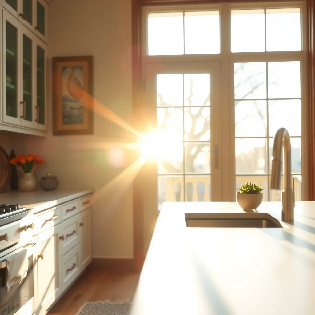 Luminosidade natural através da porta de vidro na cozinha.