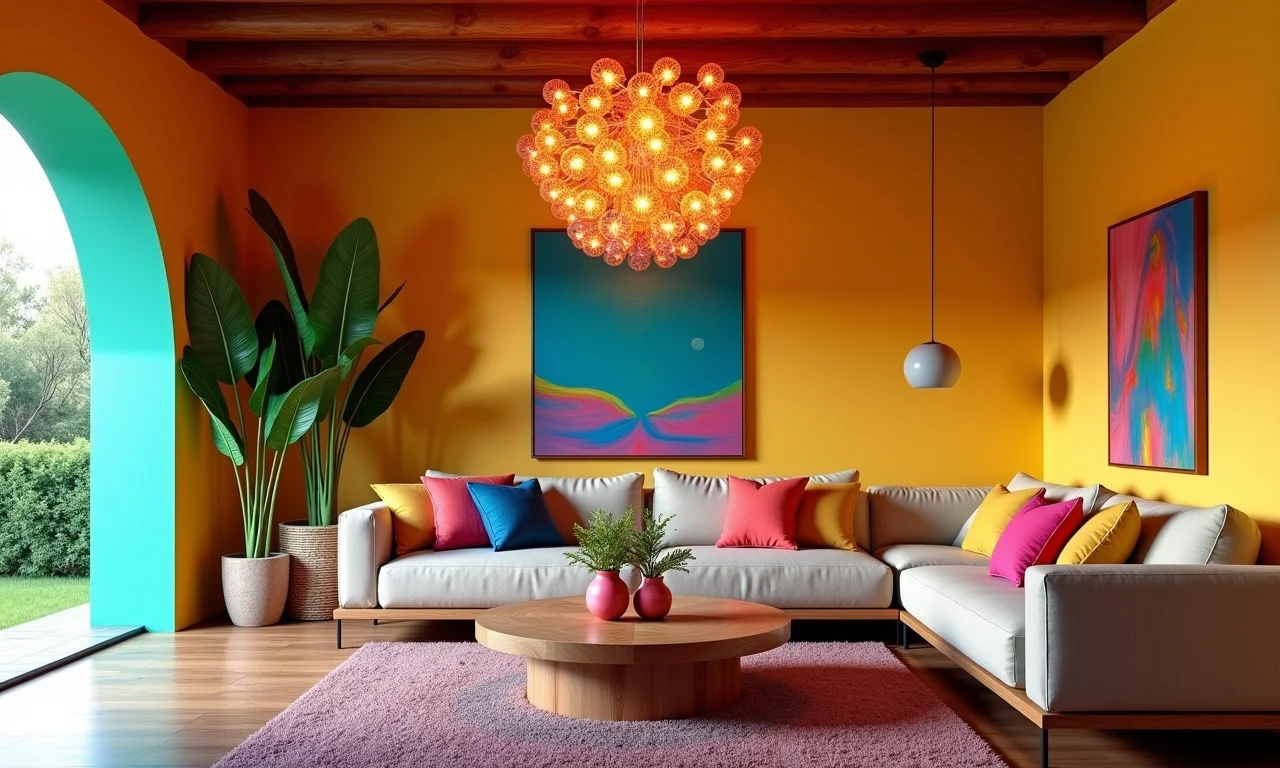 Lustre colorido vibrante em sala de estar alegre.