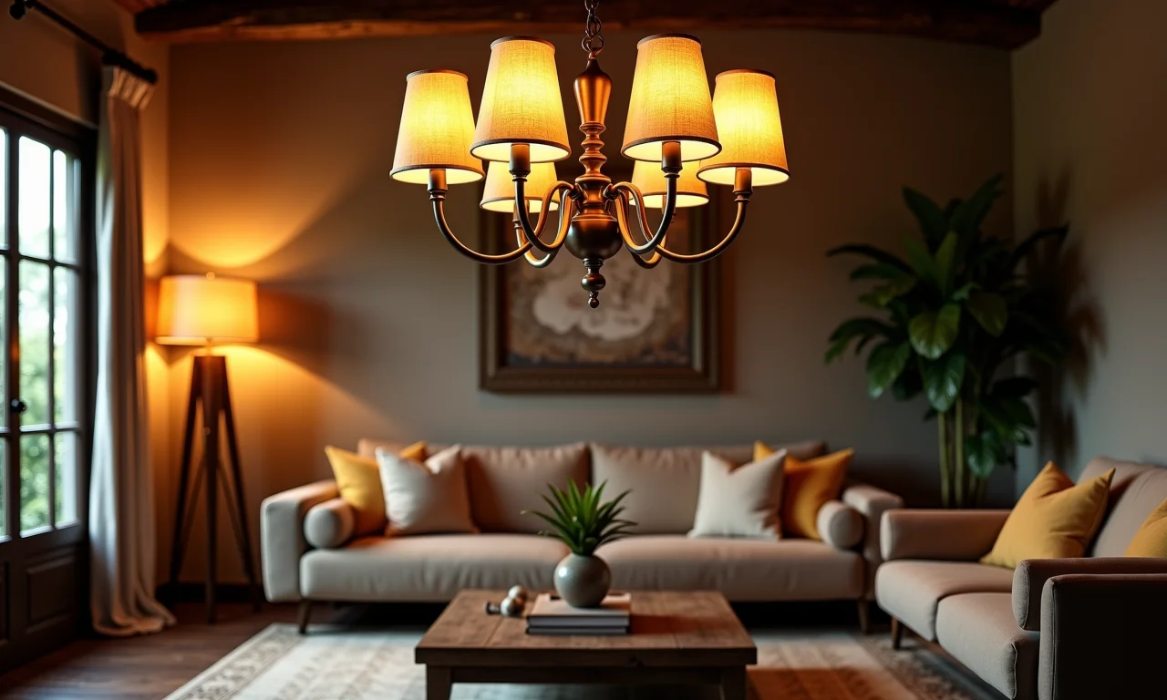 Lustre com cúpulas elegante em sala aconchegante.