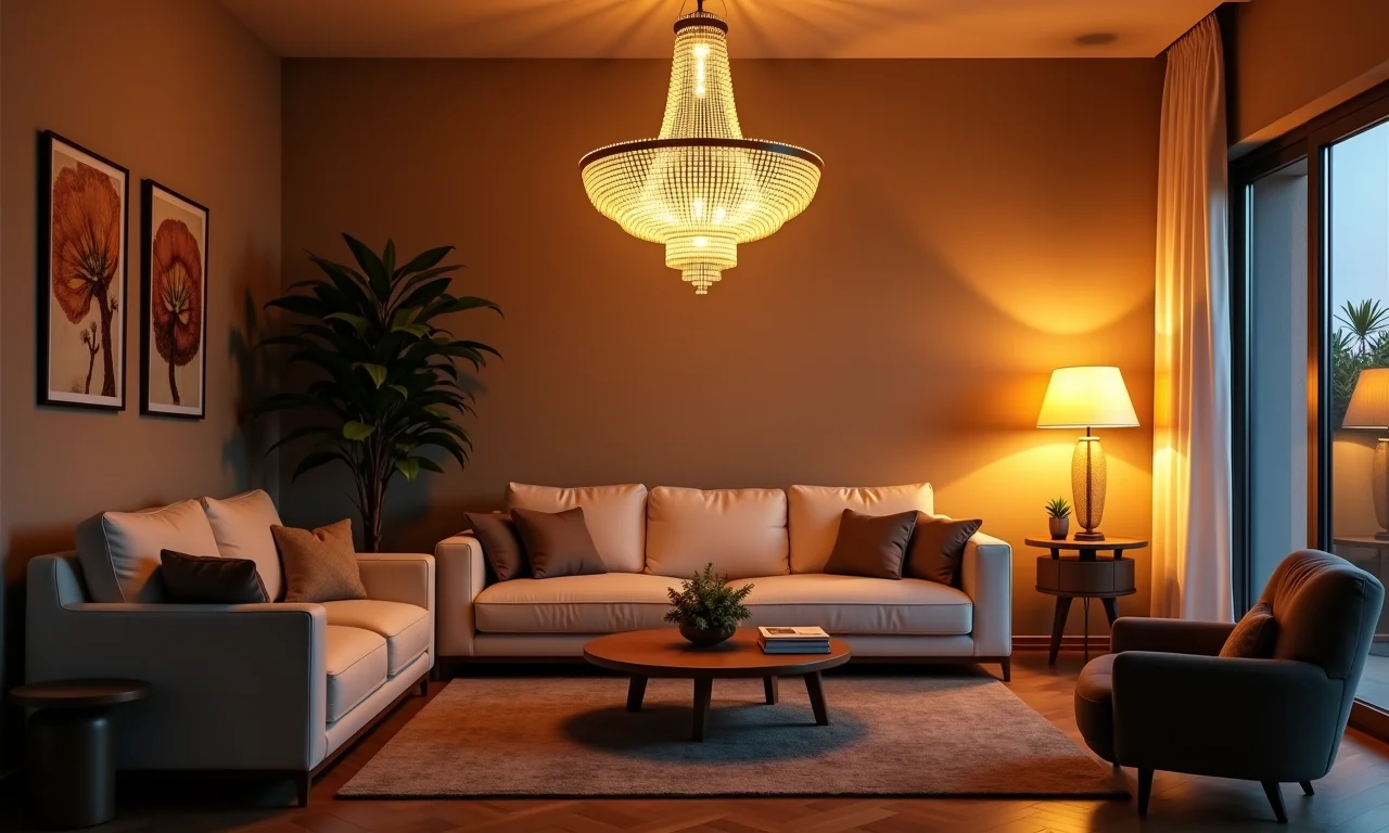 Lustre com luz quente ideal para sala de estar.