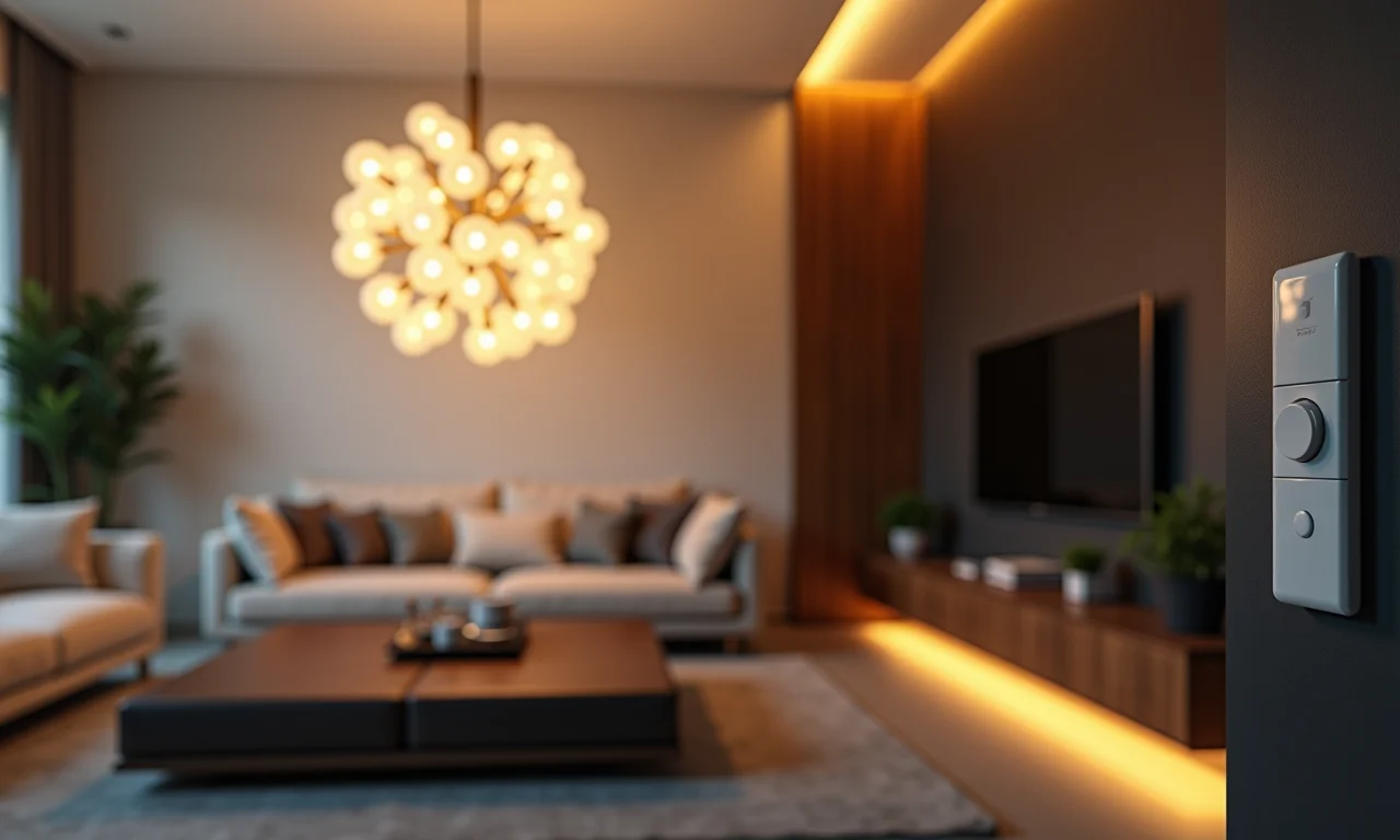 Lustre de LED com dimmer em sala de estar.