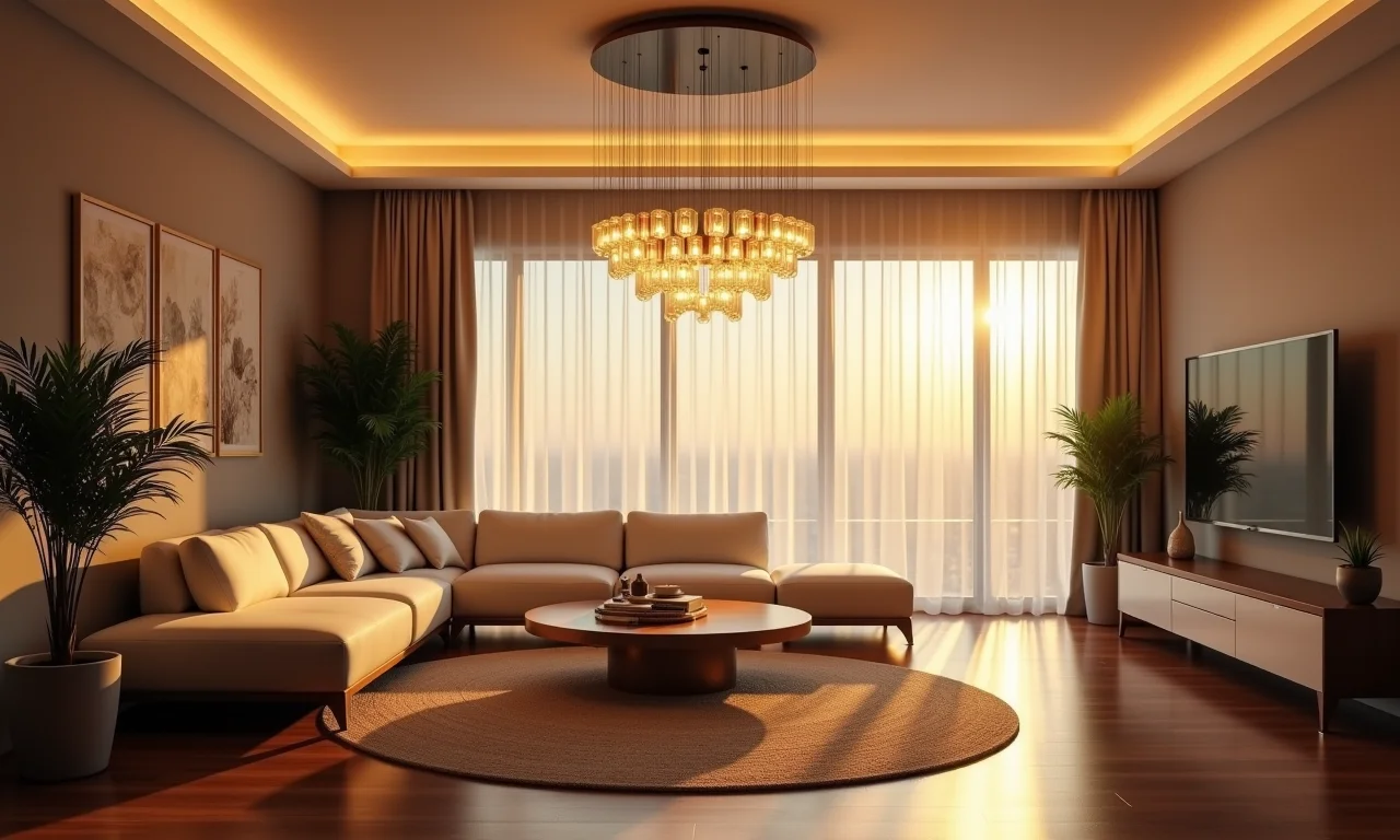 Lustre de LED moderno iluminando sala de estar.