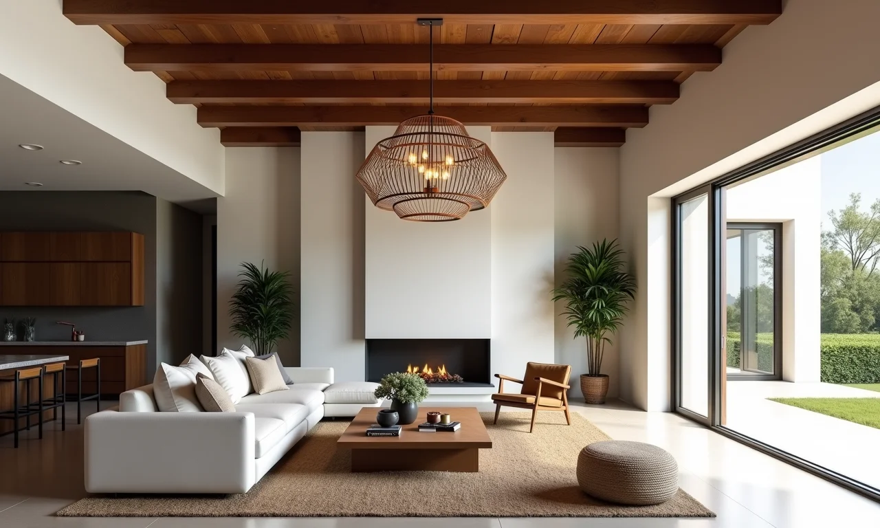 Lustre geométrico ousado em sala de estar moderna.