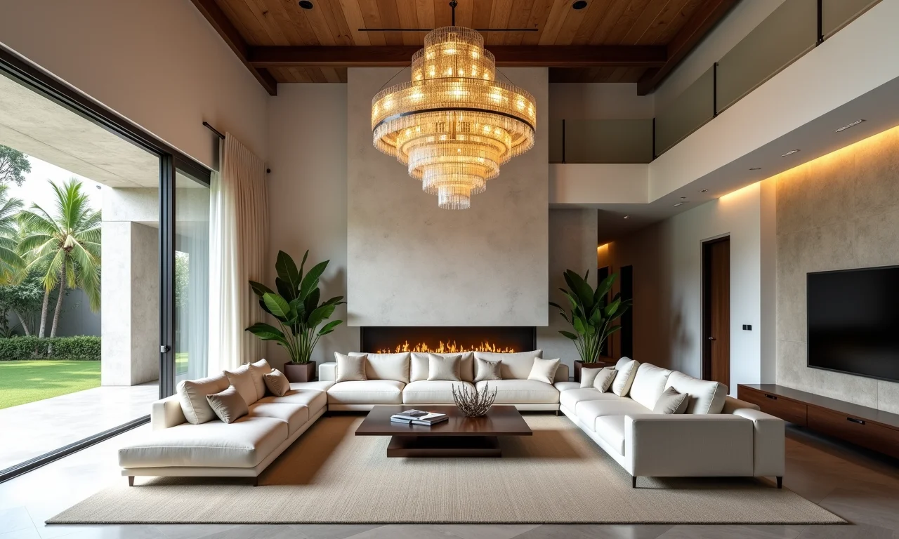 Lustre grande imponente em sala com pé-direito alto.