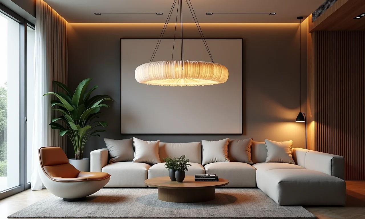 Lustre pendente versátil em sala de estar charmosa.