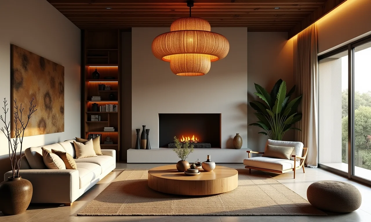 Lustre rústico com toque natural em sala de estar.