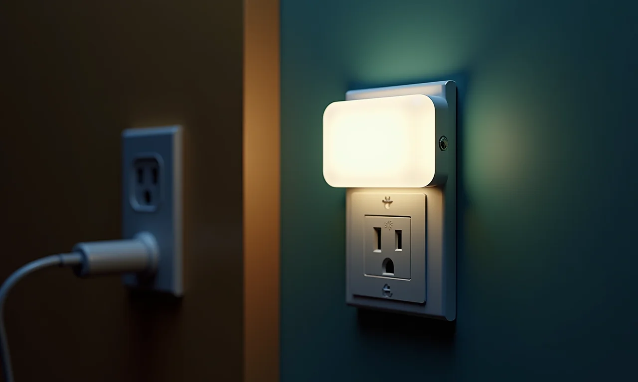 Luz de emergência com bateria de longa duração e indicador de carga, próxima a tomada brasileira.