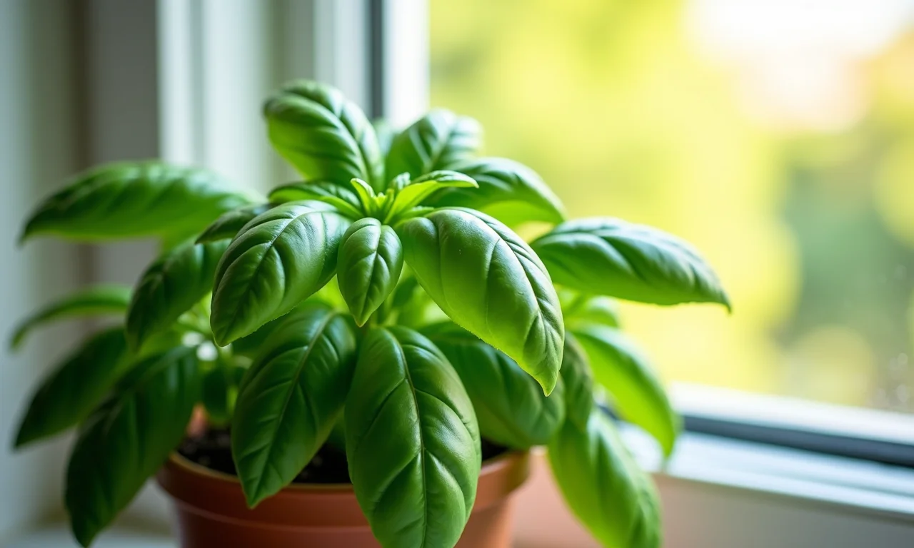 Manjericão fresco em peitoril de janela ensolarado.