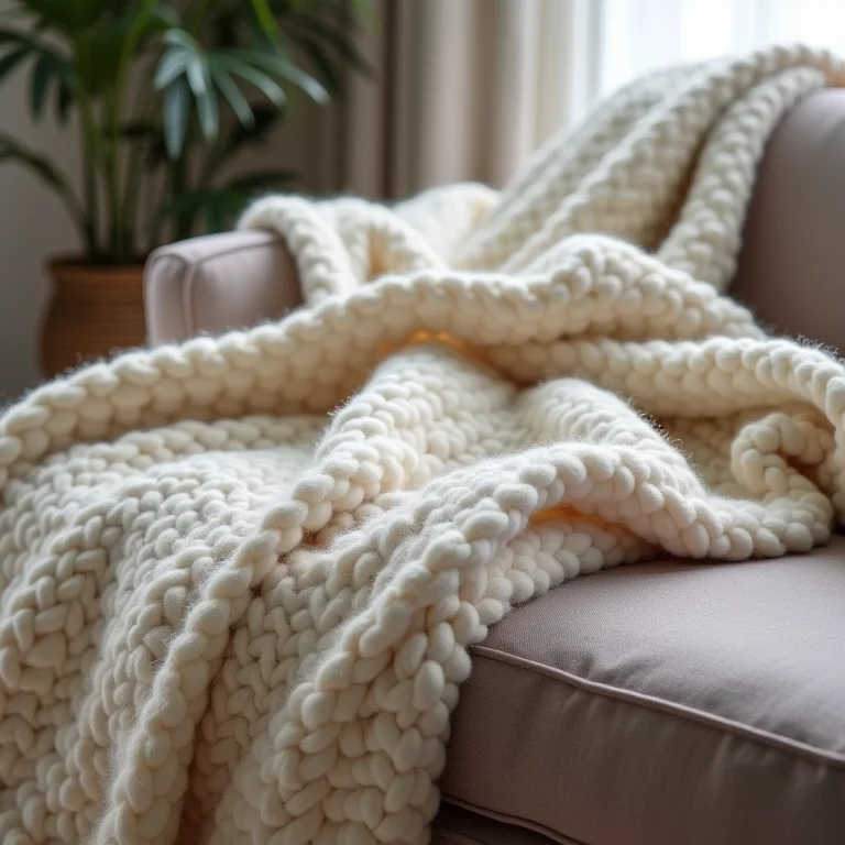 Manta de lã texturizada sobre um sofá, proporcionando aconchego.