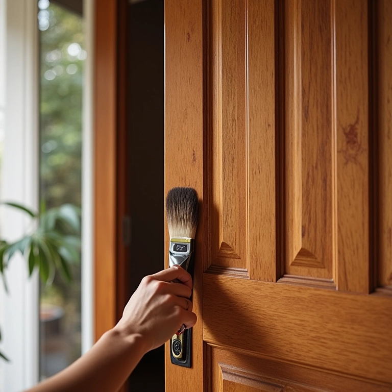 Manutenção de porta de madeira aplicando verniz para proteção.