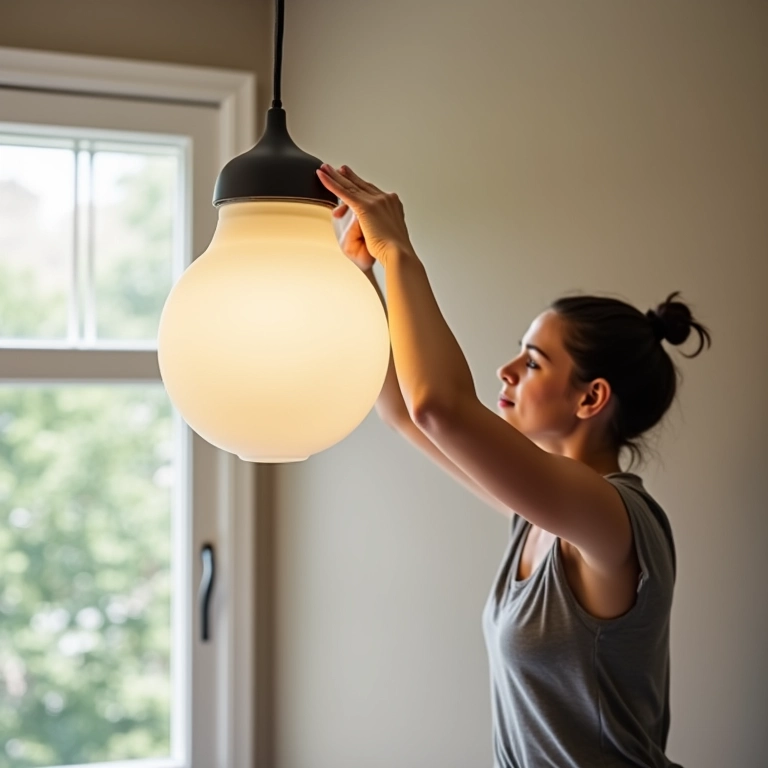 Mão limpando um pendente em um quarto, rotina de manutenção.