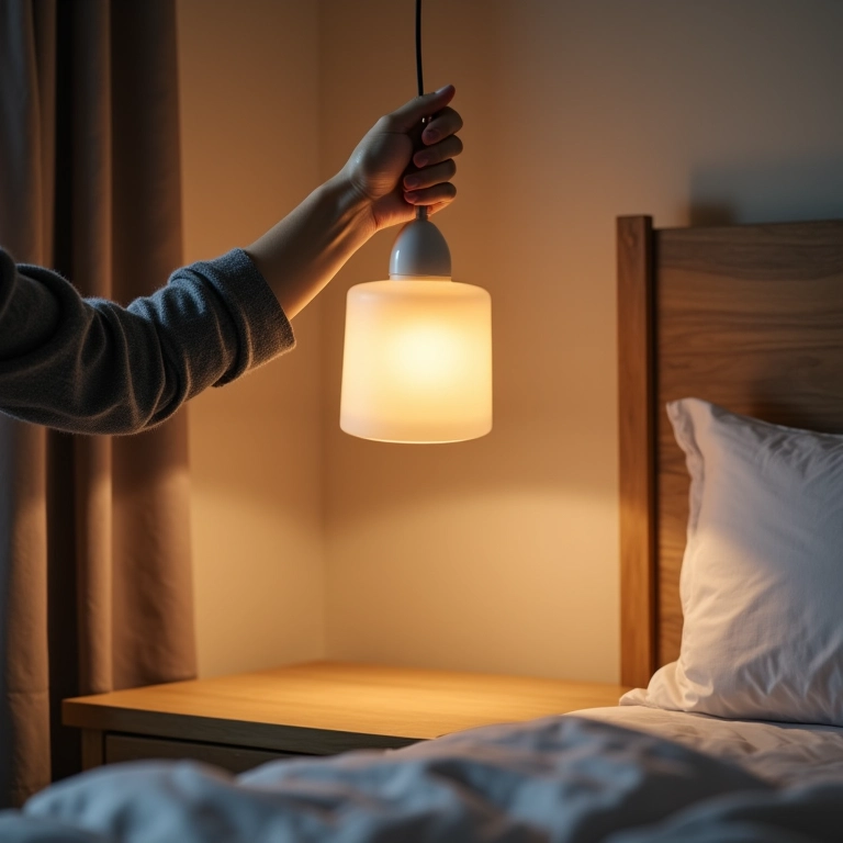 Mão segurando um pendente acima da mesa de cabeceira, escolhendo o pendente ideal.