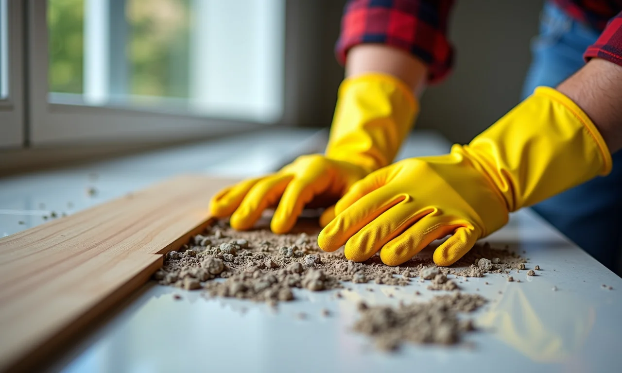 Mãos com luvas de proteção durante reforma.