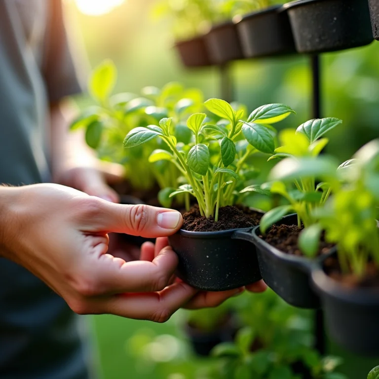 Mãos cuidando de uma pequena horta vertical.