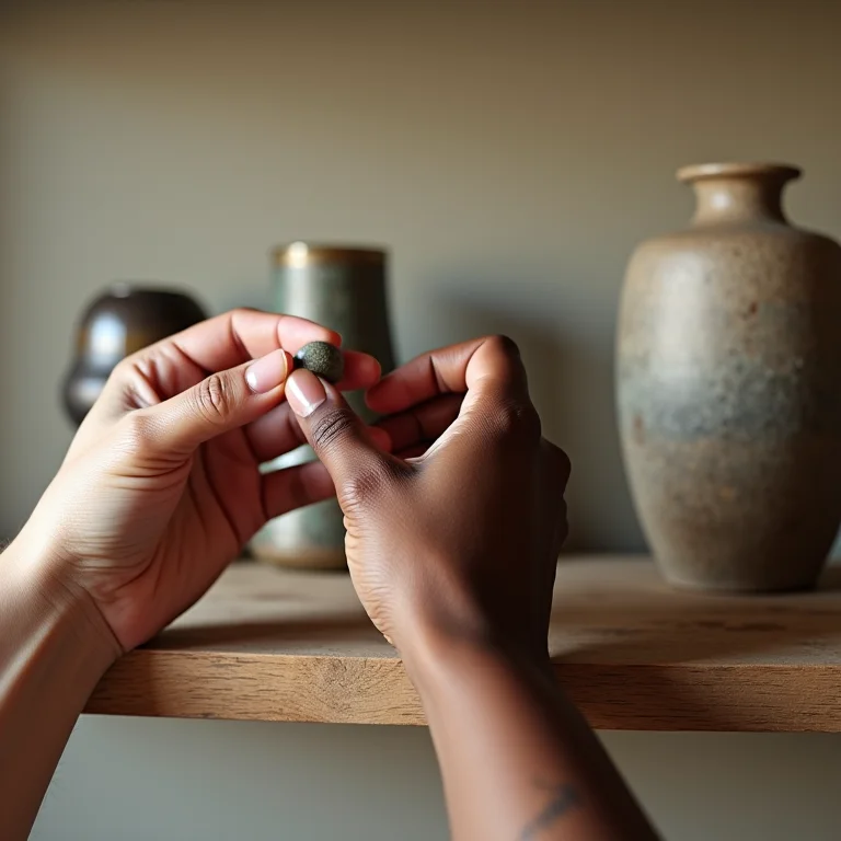 Mãos decorando prateleira com objetos em estilo industrial.