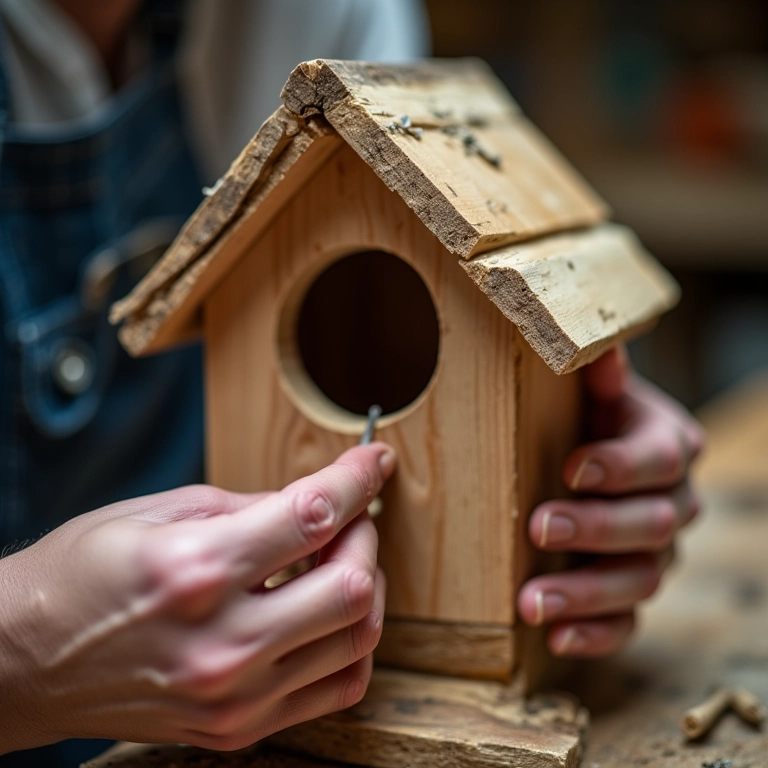 Mãos habilidosas criando uma casinha de passarinho com madeira reaproveitada.