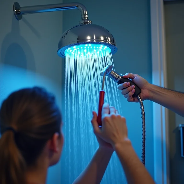 Mãos instalando um chuveiro com LED, mostrando o passo a passo.