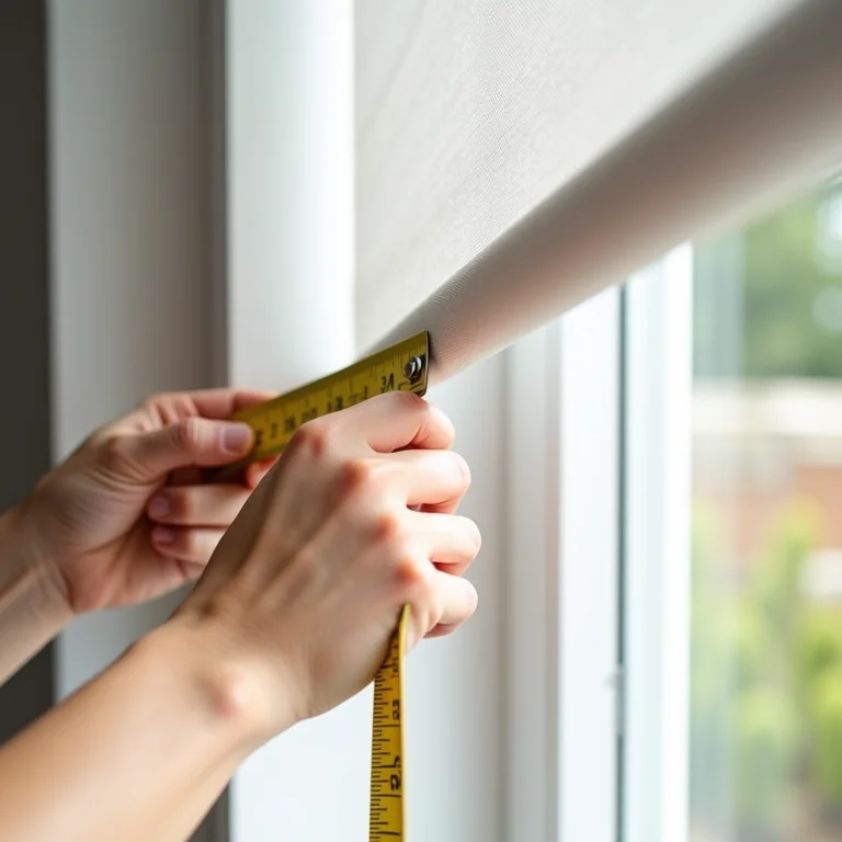 Mãos medindo uma janela para a instalação de uma cortina rolô.