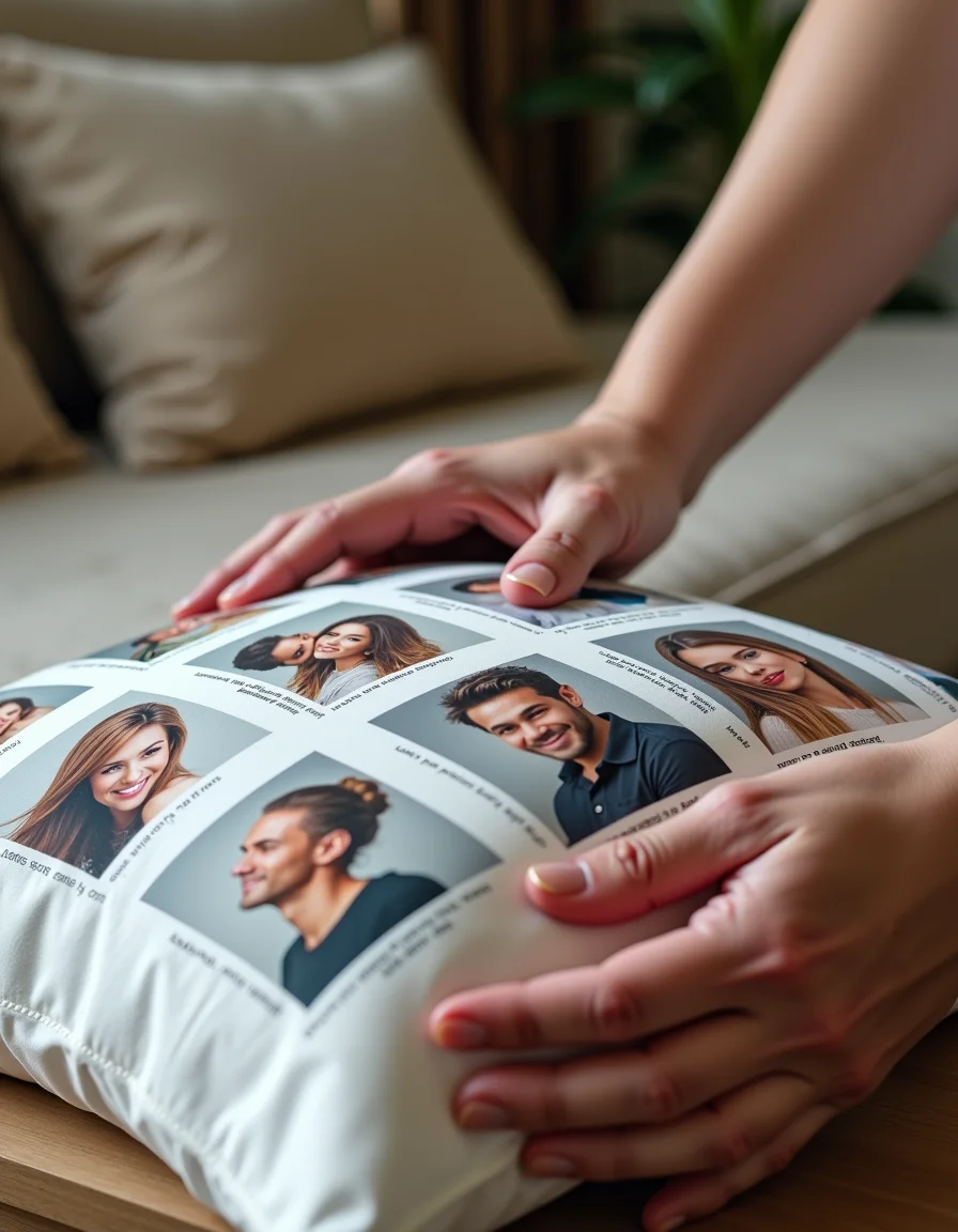 Mãos personalizando almofada com fotos.