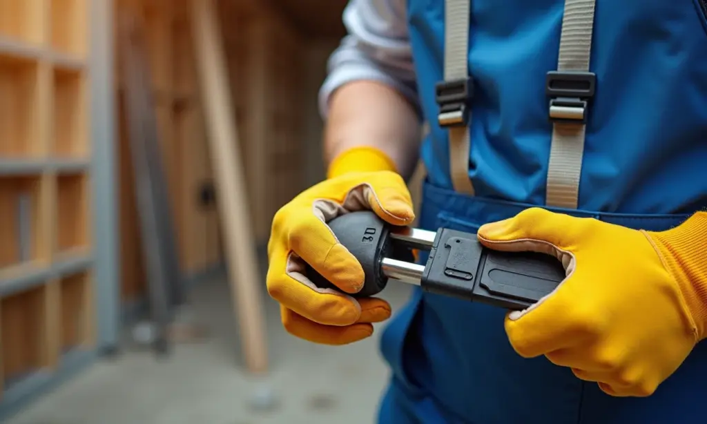 Mãos protegidas com luvas de segurança segurando ferramentas em obra.